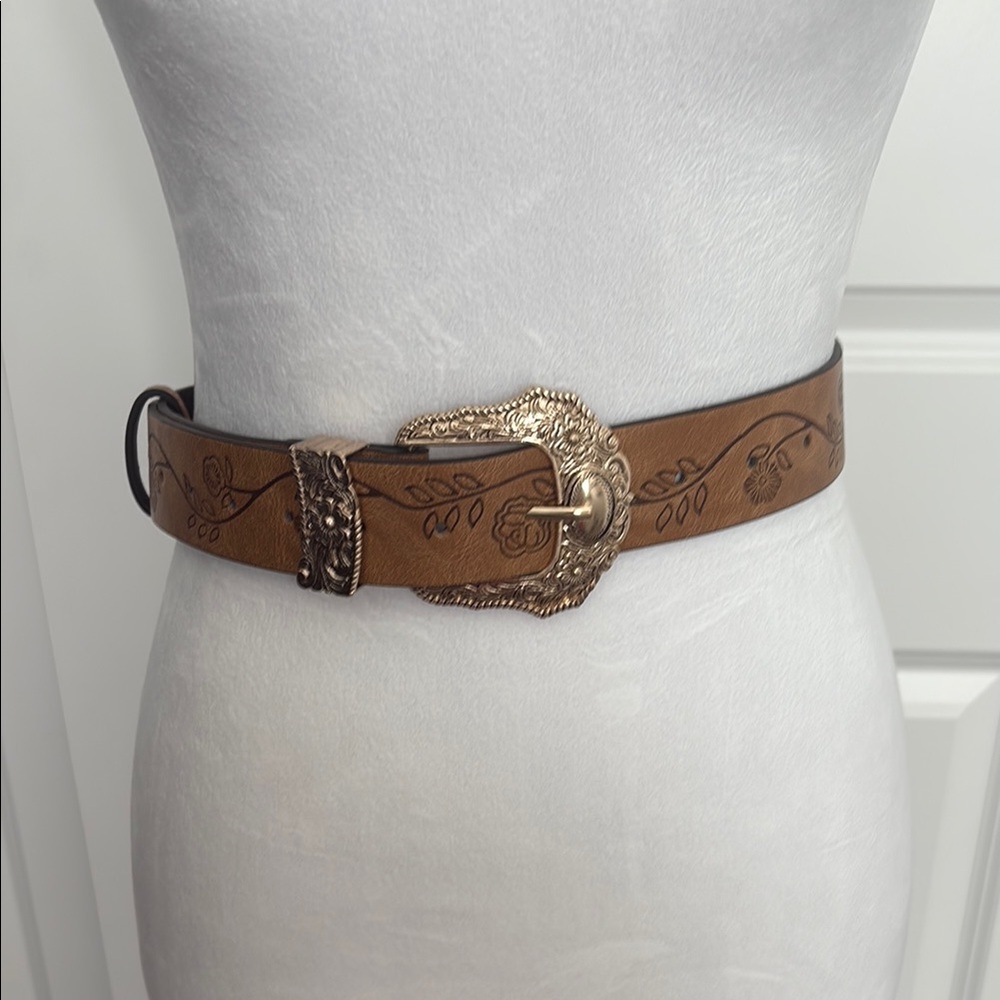 Gold and Brown Leather Belt with Ornate Buckle